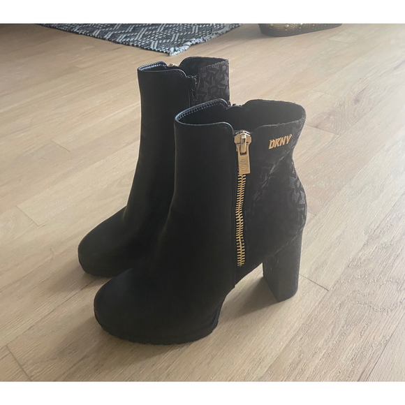 DKNY Shoes - DKNY Black Heeled Ankle Boots with Gold Zippers